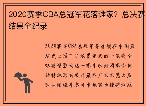 2020赛季CBA总冠军花落谁家？总决赛结果全纪录